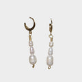 Cascade Pearl earrings in Gold with Lock designs, where three pearls get gradually bigger going down.
