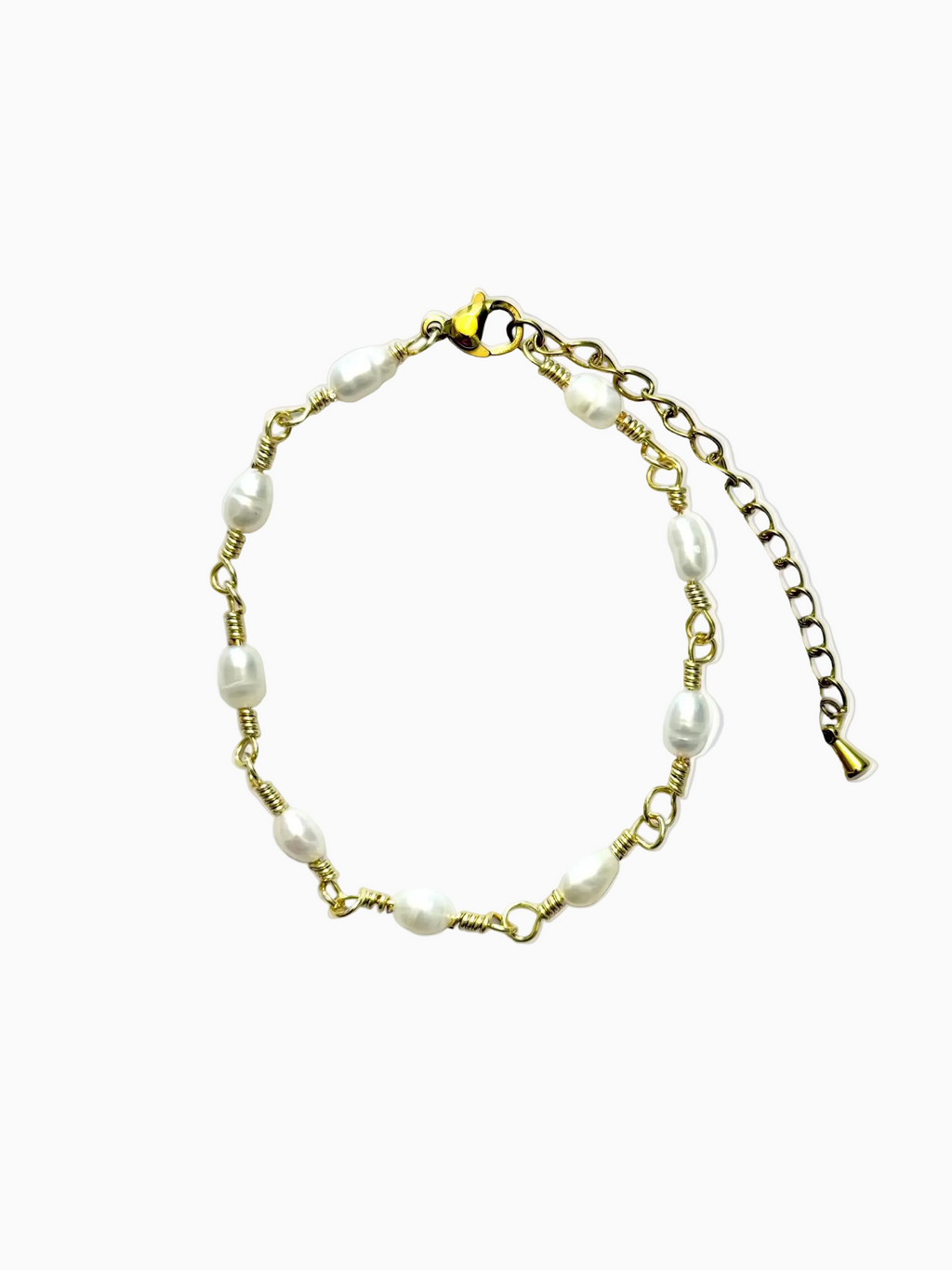 Gold Classic Pearl and Mother of Pearl Link Bracelet on a white background.