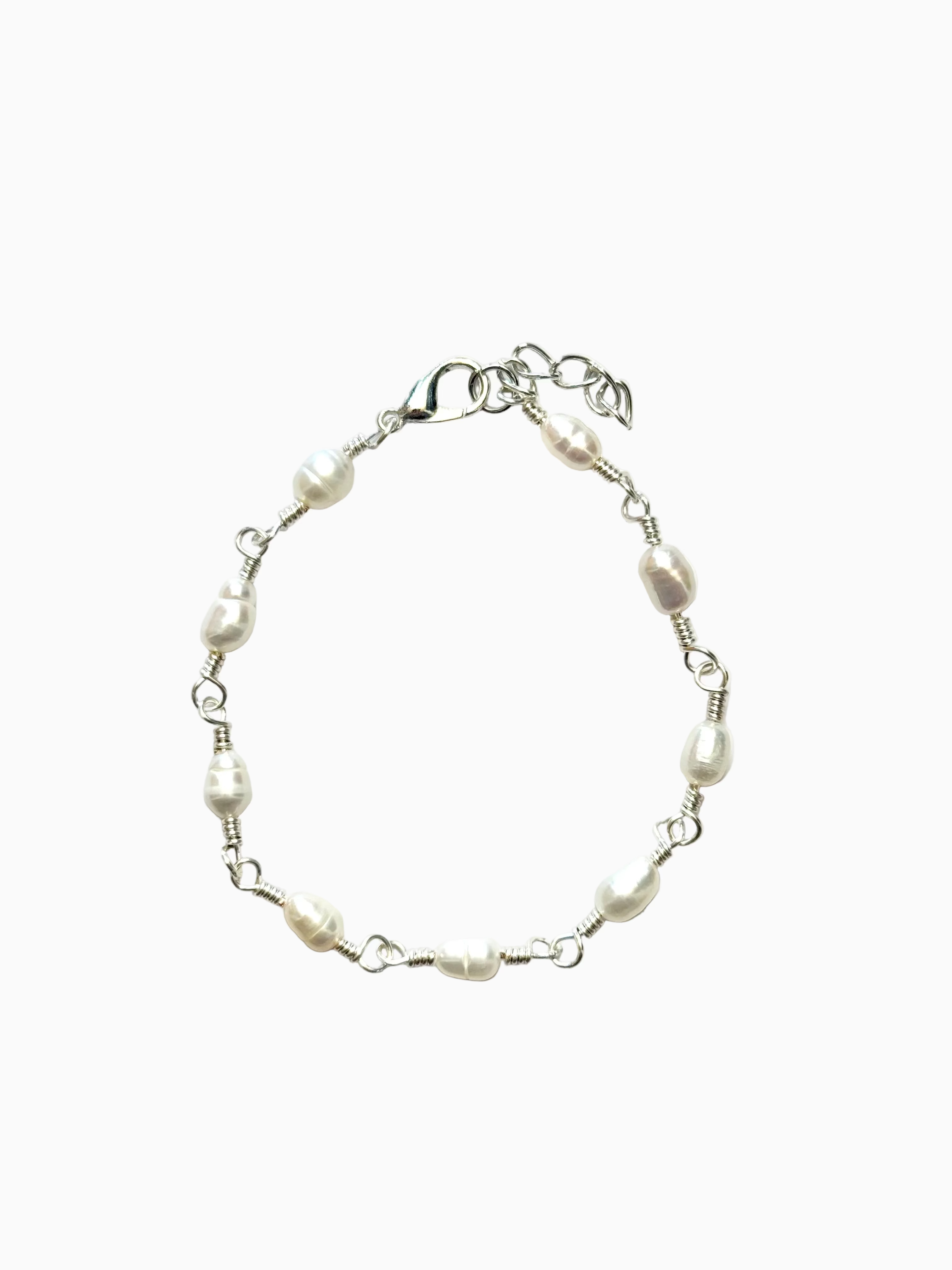 Silver Classic Pearl and Mother of Pearl Bracelet on a white background.