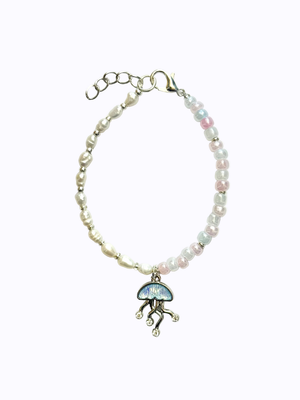 Bracelet with pearls on one half, pink, blue, and white beads on the other half, featuring jellyfish charm in the middle. On a white background.