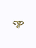 Gold wrapped ring with a twirl-top and pearl-bottom face, open design, on a white background.