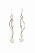 Silver-plated pair of earrings with silver-plated hooks. The body consists of a pearl, a cone-shaped mother of pearl, and a pink bead, connected by a chain and star mother of pearls at the tail. A separate curvy metal body also follow along the main body.