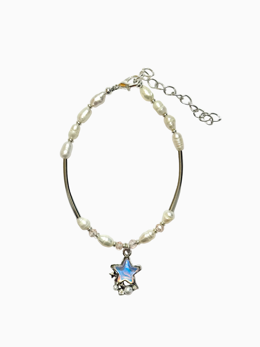 Pearl and pink beads bracelet with silver-plated body and star-shaped charm on a light grey background.