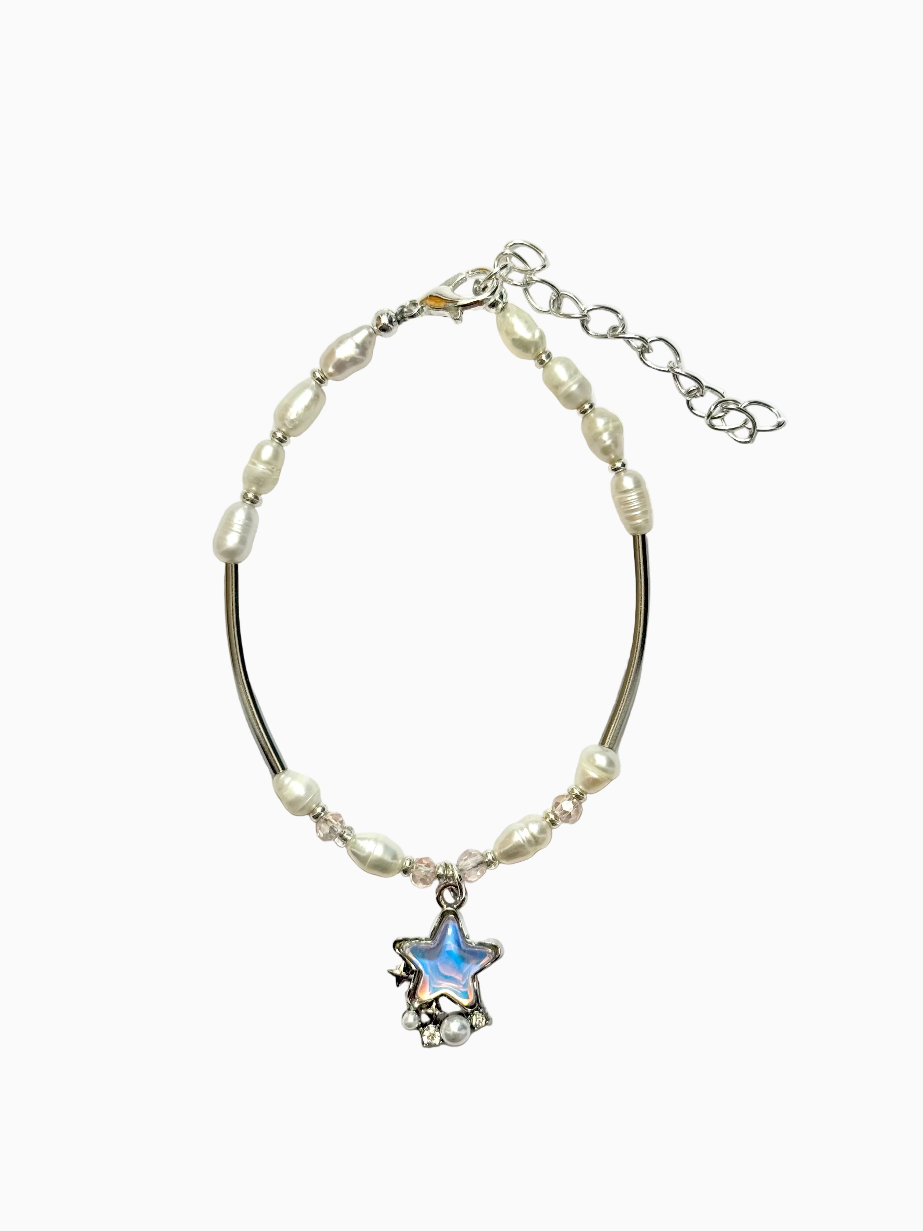 Pearl and pink beads bracelet with silver-plated body and star-shaped charm on a light grey background.